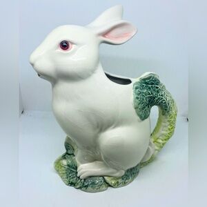 White Ceramic Rabbit Planter with Green Leaf Handle - Decorative Indoor Pot